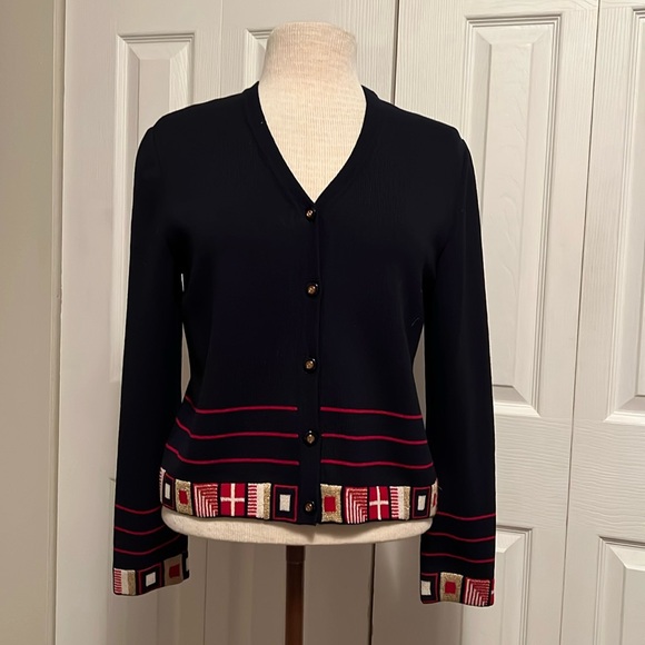 St. John Sport by Marie Gray Navy Blue Nautical Flag Wool Blend Cardigan Size S - Picture 1 of 16
